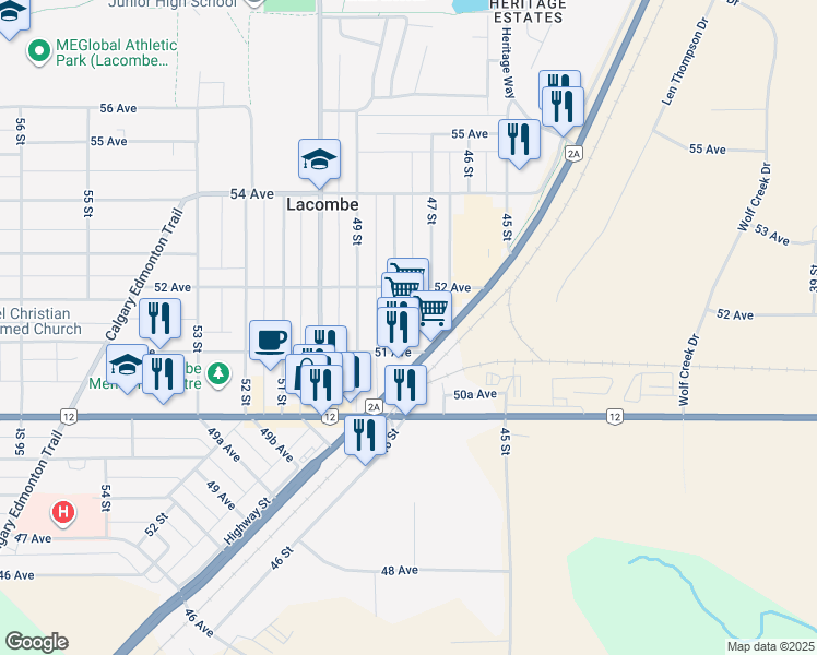 map of restaurants, bars, coffee shops, grocery stores, and more near 5110 Alberta 2 Alternate in Lacombe