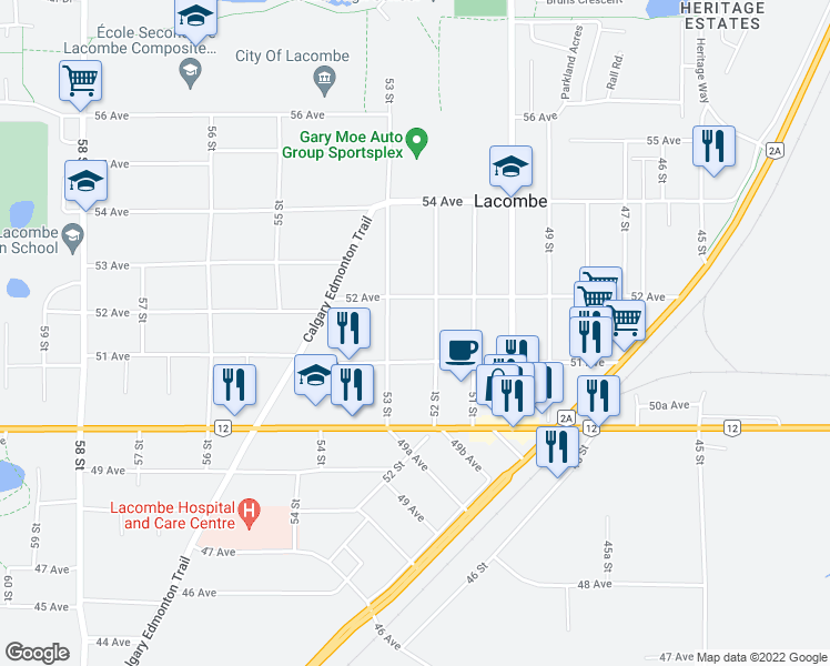 map of restaurants, bars, coffee shops, grocery stores, and more near 5120 52 Street in Lacombe