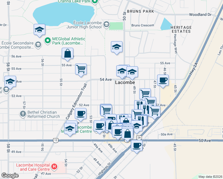 map of restaurants, bars, coffee shops, grocery stores, and more near 5223 52 Street in Lacombe
