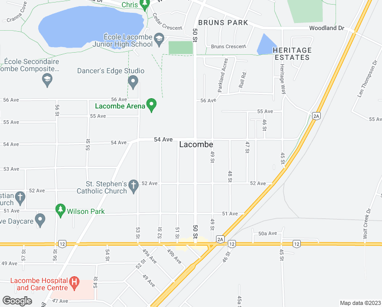map of restaurants, bars, coffee shops, grocery stores, and more near 5242 50 Street in Lacombe