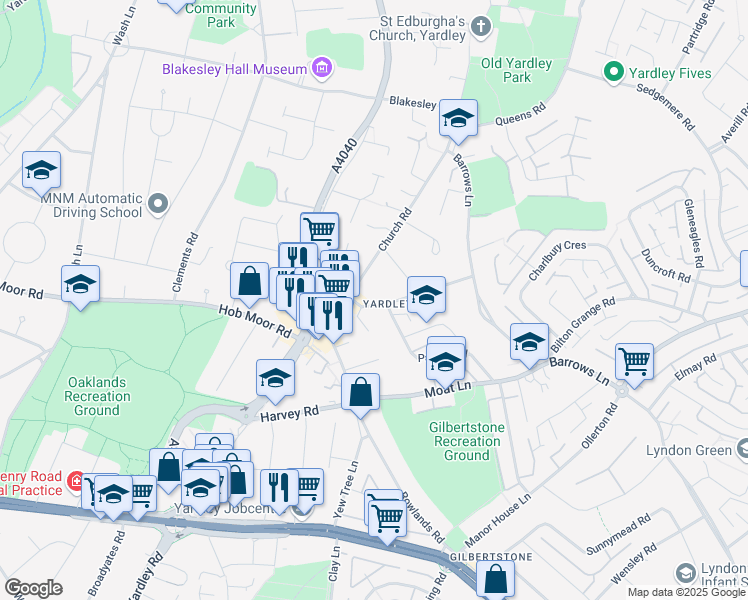 map of restaurants, bars, coffee shops, grocery stores, and more near Croft Road in West Midlands