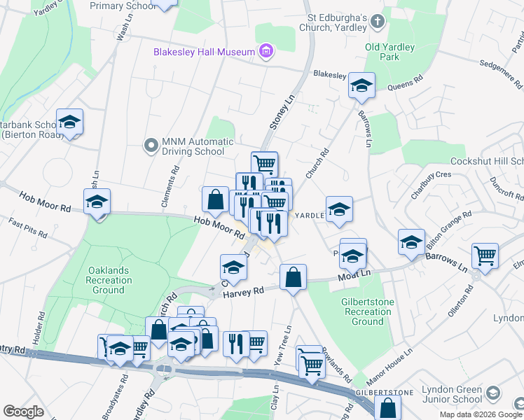 map of restaurants, bars, coffee shops, grocery stores, and more near 38 Stoney Lane in West Midlands