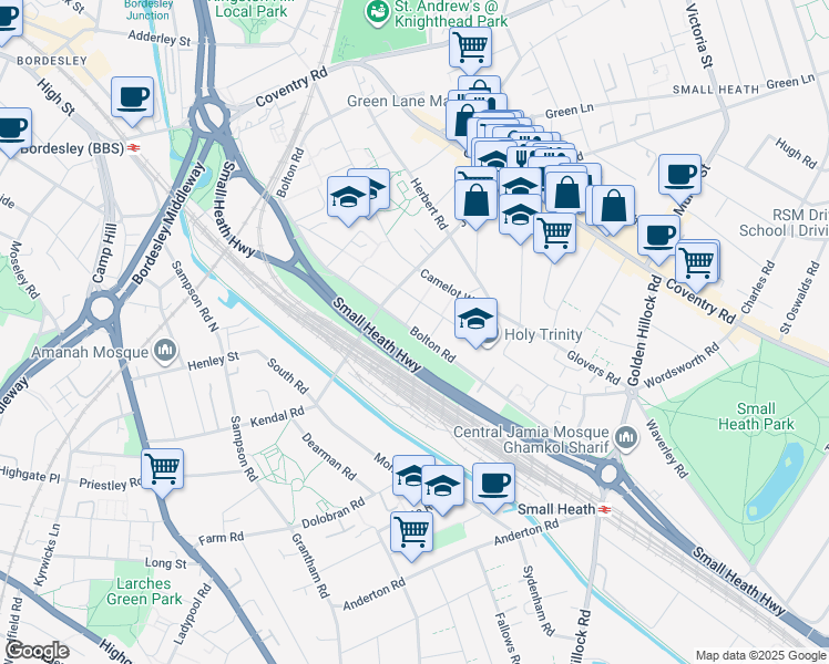 map of restaurants, bars, coffee shops, grocery stores, and more near Bolton Road in West Midlands