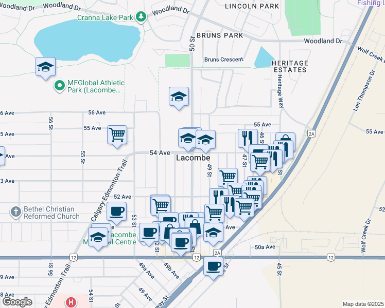 map of restaurants, bars, coffee shops, grocery stores, and more near 5114 54 Ave in Lacombe