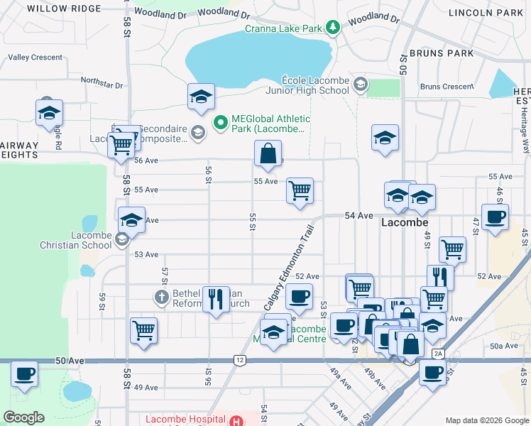 map of restaurants, bars, coffee shops, grocery stores, and more near 5460 54 Avenue in Lacombe