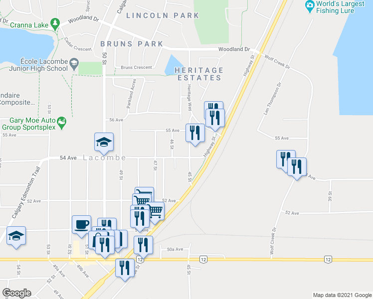 map of restaurants, bars, coffee shops, grocery stores, and more near 5412 45 Street in Lacombe