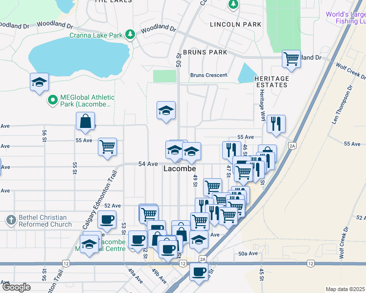 map of restaurants, bars, coffee shops, grocery stores, and more near 5419 50 Street in Lacombe
