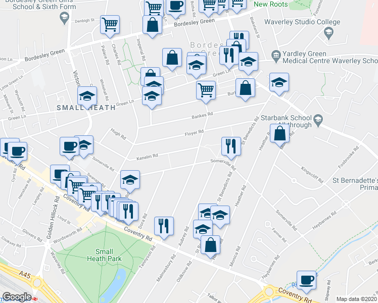 map of restaurants, bars, coffee shops, grocery stores, and more near 225 Kenelm Road in West Midlands