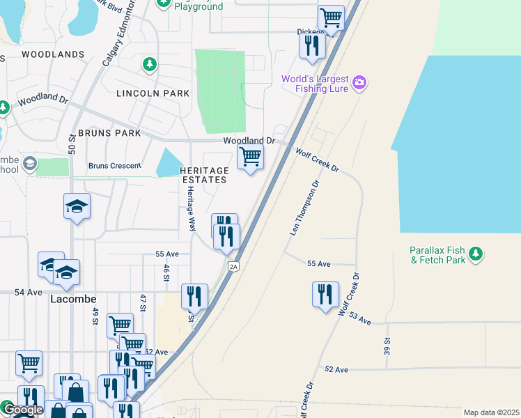 map of restaurants, bars, coffee shops, grocery stores, and more near 5110 Alberta 2 Alternate in Lacombe