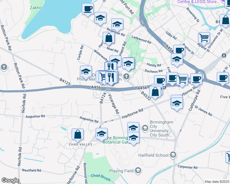 map of restaurants, bars, coffee shops, grocery stores, and more near 100 Hagley Road in West Midlands