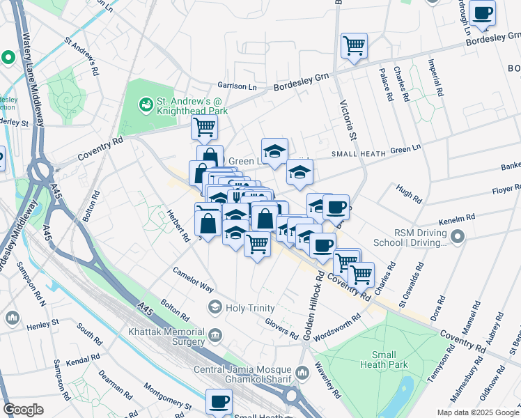 map of restaurants, bars, coffee shops, grocery stores, and more near 138 Wright Street in West Midlands