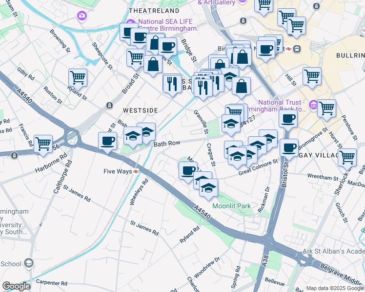 map of restaurants, bars, coffee shops, grocery stores, and more near in West Midlands