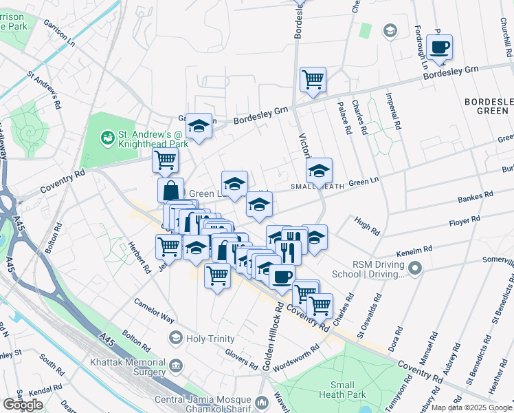 map of restaurants, bars, coffee shops, grocery stores, and more near 5 Eversley Road in West Midlands