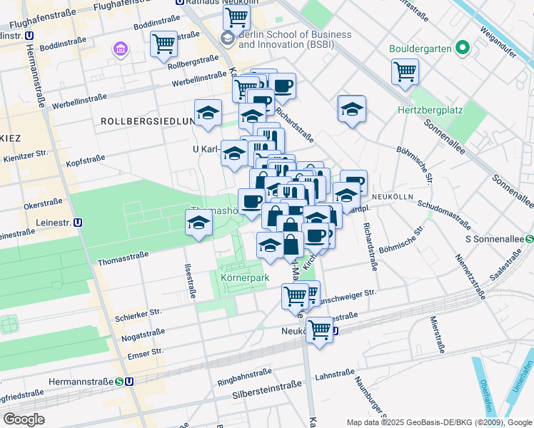 map of restaurants, bars, coffee shops, grocery stores, and more near 174 Karl-Marx-Straße in Berlin