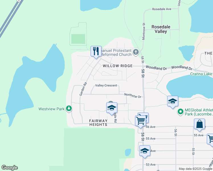 map of restaurants, bars, coffee shops, grocery stores, and more near Valley Crescent in Lacombe