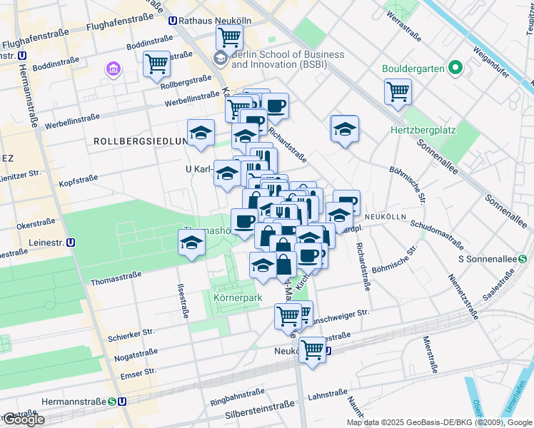 map of restaurants, bars, coffee shops, grocery stores, and more near 174 Karl-Marx-Straße in Berlin