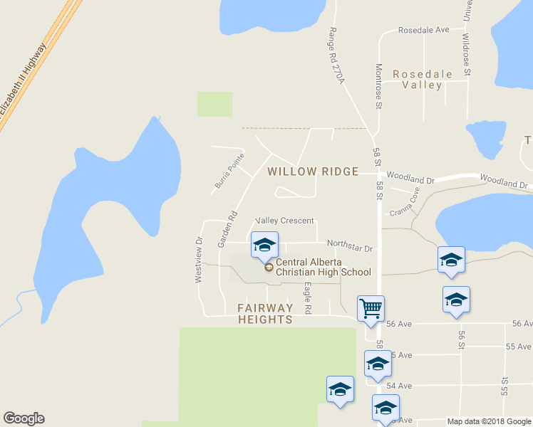 map of restaurants, bars, coffee shops, grocery stores, and more near 52 Valley Crescent in Lacombe