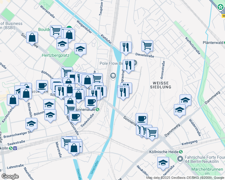 map of restaurants, bars, coffee shops, grocery stores, and more near 221 Sonnenallee in Berlin