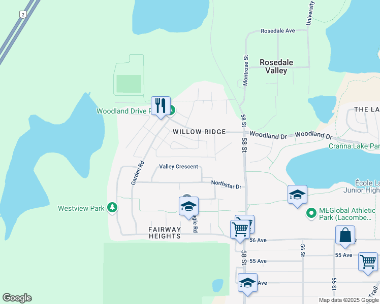 map of restaurants, bars, coffee shops, grocery stores, and more near 18 Mckinlay Crescent in Lacombe