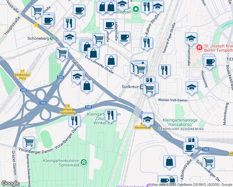 map of restaurants, bars, coffee shops, grocery stores, and more near 61 Sachsendamm in Berlin