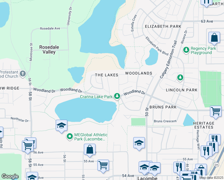 map of restaurants, bars, coffee shops, grocery stores, and more near 7 Cranna Lakes Drive in Lacombe
