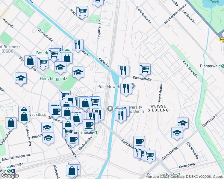 map of restaurants, bars, coffee shops, grocery stores, and more near 221 Sonnenallee in Berlin
