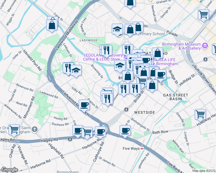 map of restaurants, bars, coffee shops, grocery stores, and more near 12 Sherborne Street in West Midlands