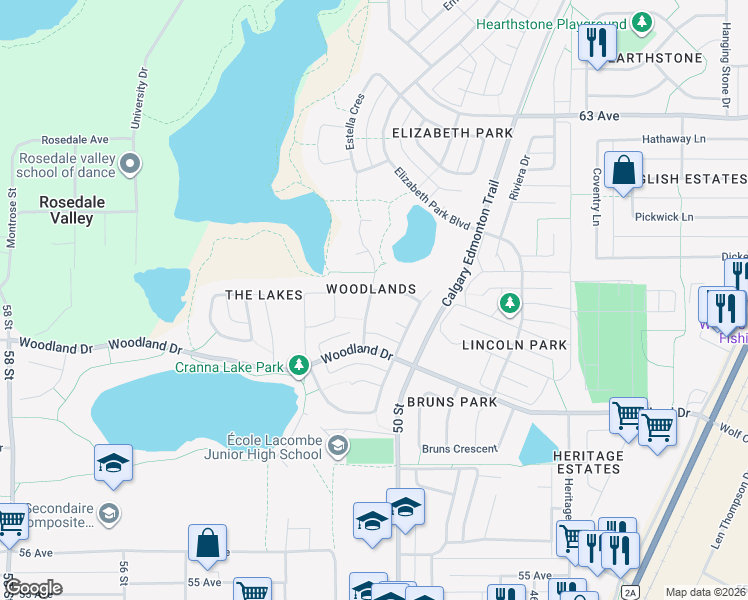 map of restaurants, bars, coffee shops, grocery stores, and more near 57 Willow Crescent in Lacombe