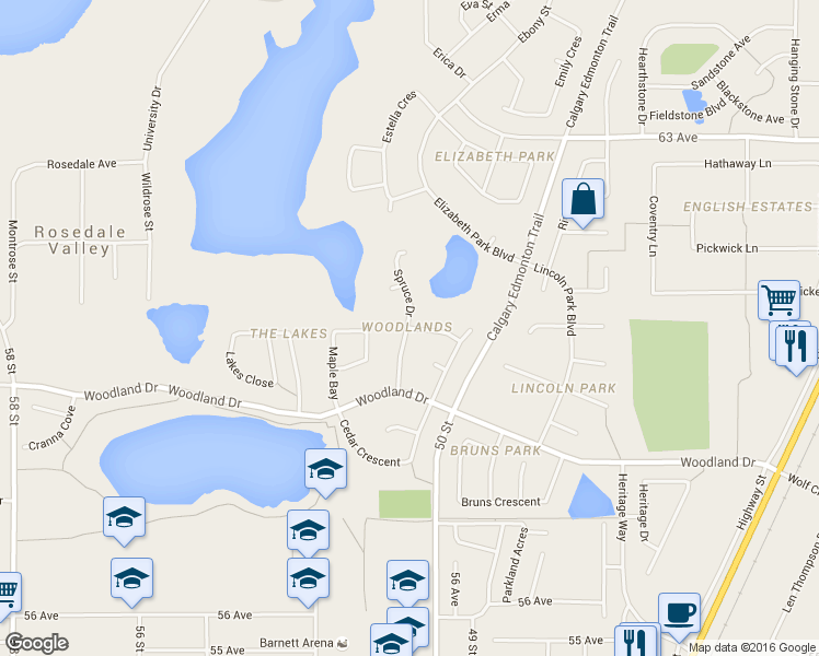 map of restaurants, bars, coffee shops, grocery stores, and more near 57 Willow Crescent in Lacombe