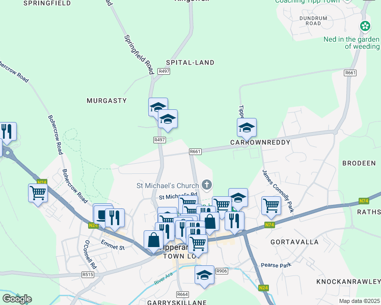 map of restaurants, bars, coffee shops, grocery stores, and more near Rosanna Road in Tipperary