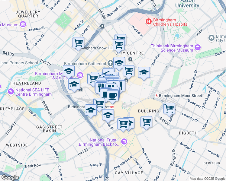 map of restaurants, bars, coffee shops, grocery stores, and more near 201 New Street in West Midlands
