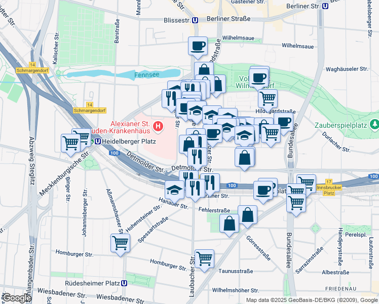 map of restaurants, bars, coffee shops, grocery stores, and more near 62 Blissestraße in Berlin