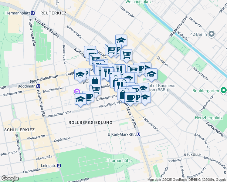 map of restaurants, bars, coffee shops, grocery stores, and more near 92-98 Karl-Marx-Straße in Berlin