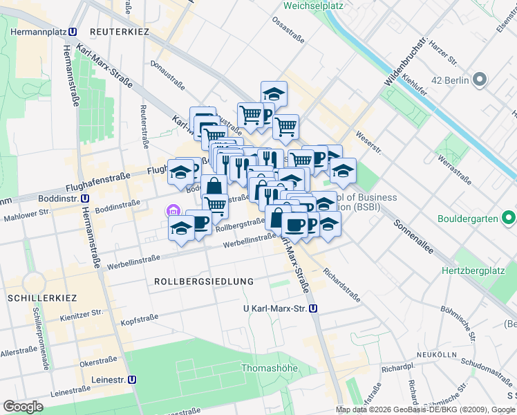 map of restaurants, bars, coffee shops, grocery stores, and more near 92-98 Karl-Marx-Straße in Berlin