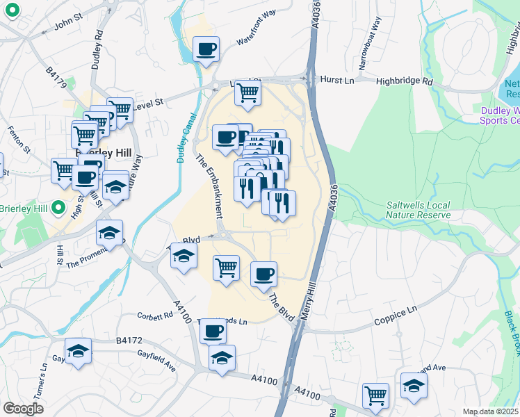map of restaurants, bars, coffee shops, grocery stores, and more near in The Merry Hill Centre