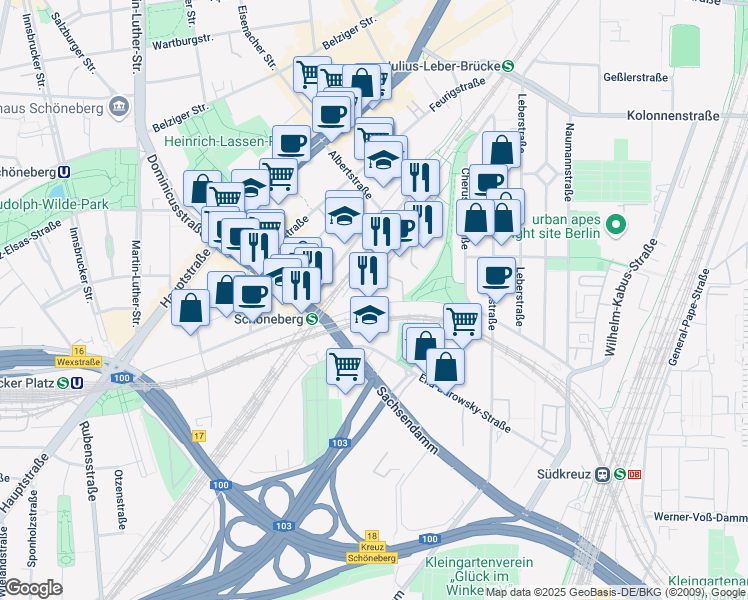 map of restaurants, bars, coffee shops, grocery stores, and more near 12 Torgauer Straße in Berlin