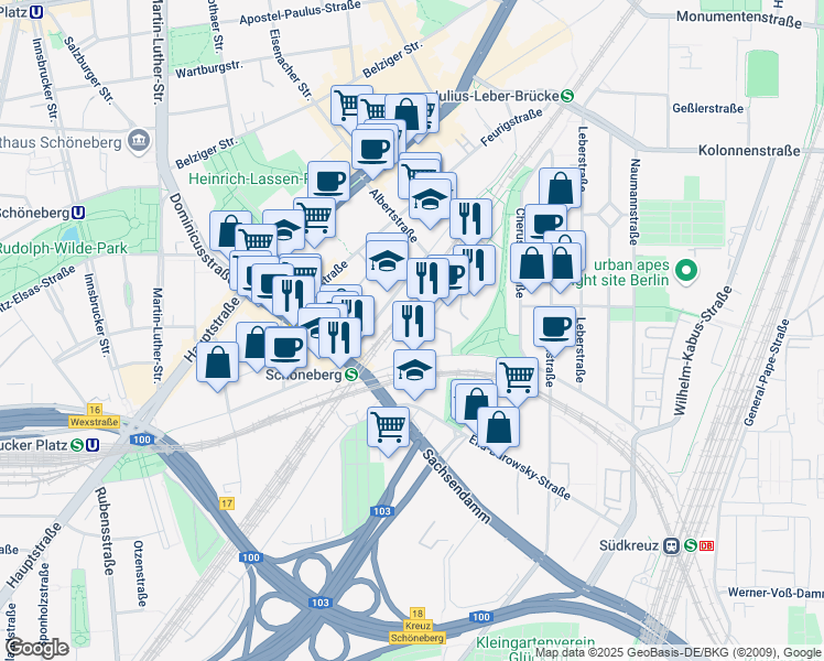 map of restaurants, bars, coffee shops, grocery stores, and more near 12 Torgauer Straße in Berlin