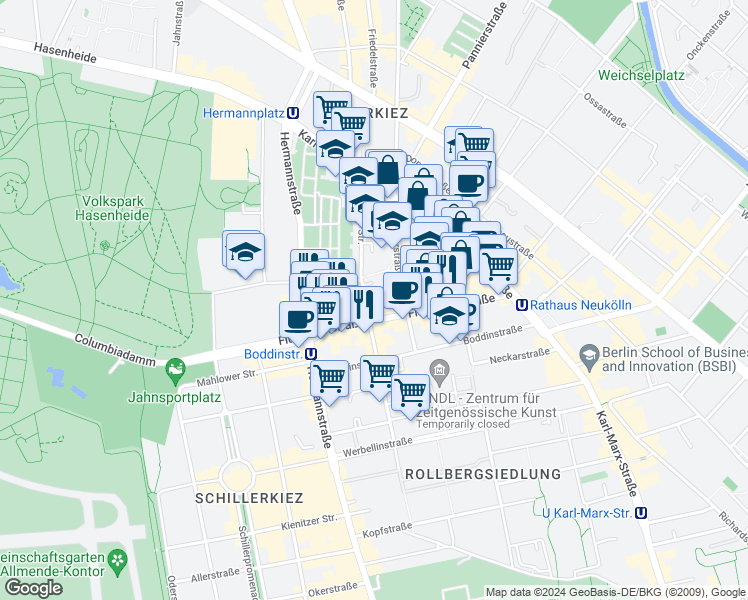 map of restaurants, bars, coffee shops, grocery stores, and more near 44 Mainzer Straße in Berlin