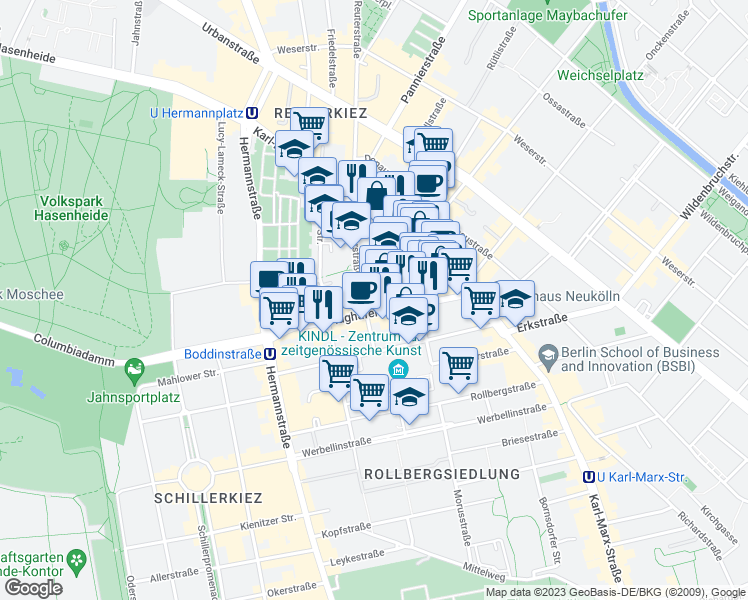 map of restaurants, bars, coffee shops, grocery stores, and more near 5 Reuterstraße in Berlin