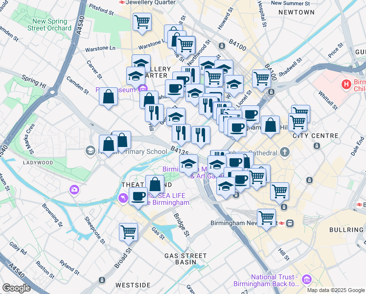 map of restaurants, bars, coffee shops, grocery stores, and more near Fleet Street in Birmingham