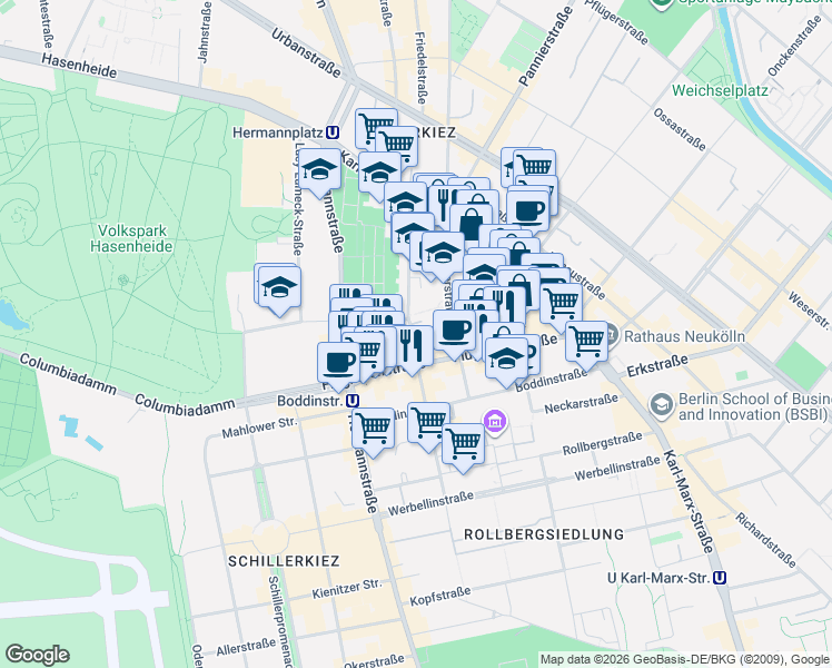 map of restaurants, bars, coffee shops, grocery stores, and more near 45 Mainzer Straße in Berlin