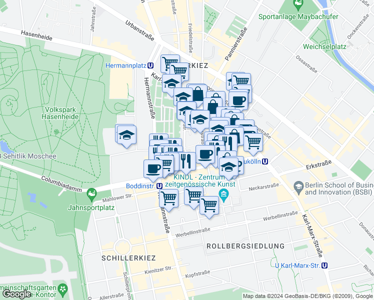 map of restaurants, bars, coffee shops, grocery stores, and more near 44 Mainzer Straße in Berlin