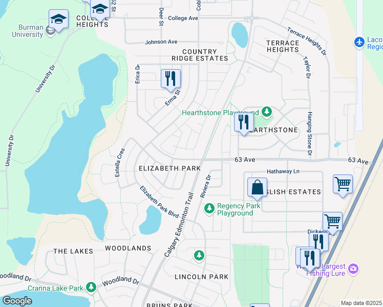 map of restaurants, bars, coffee shops, grocery stores, and more near 24 Emily Crescent in Lacombe