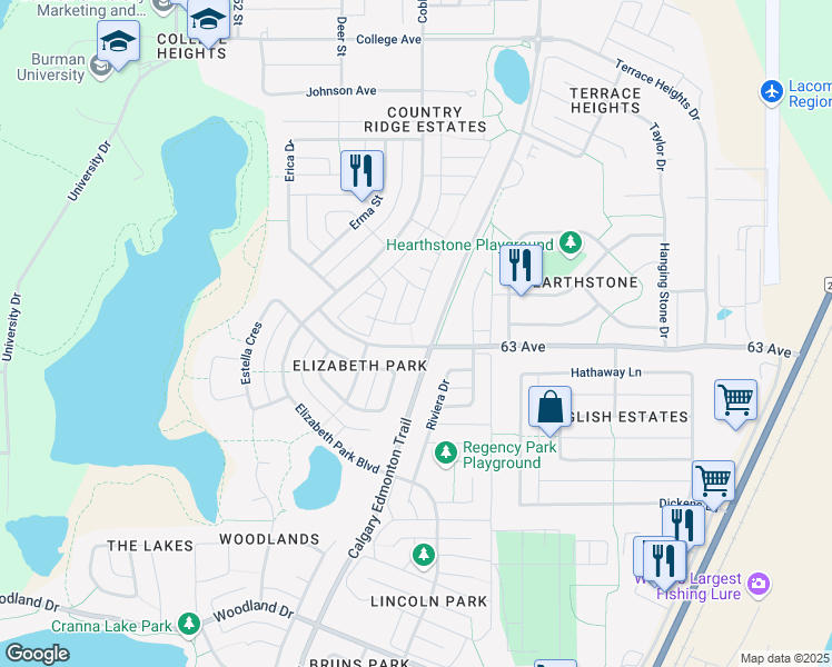 map of restaurants, bars, coffee shops, grocery stores, and more near 26 Emily Crescent in Lacombe