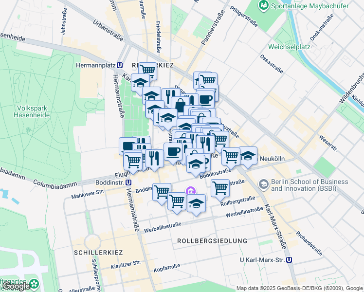 map of restaurants, bars, coffee shops, grocery stores, and more near 5 Reuterstraße in Berlin