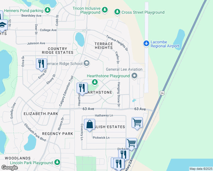 map of restaurants, bars, coffee shops, grocery stores, and more near 15 Sandstone Avenue in Lacombe