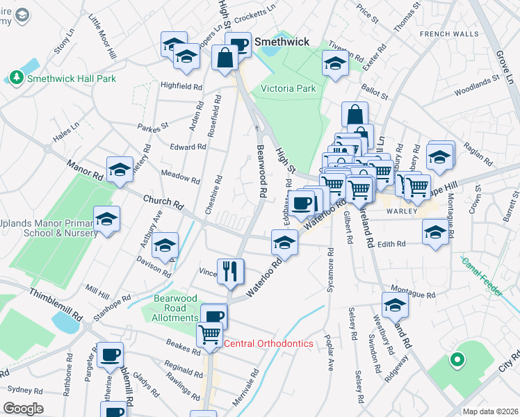 map of restaurants, bars, coffee shops, grocery stores, and more near Bearwood Road in West Midlands