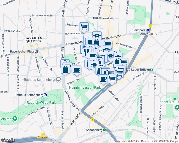 map of restaurants, bars, coffee shops, grocery stores, and more near 48 Belziger Straße in Berlin