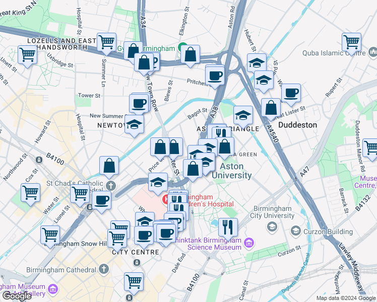 map of restaurants, bars, coffee shops, grocery stores, and more near 30 Staniforth Street in West Midlands