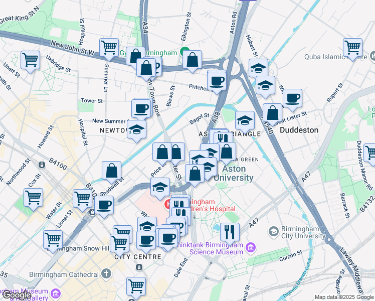 map of restaurants, bars, coffee shops, grocery stores, and more near 30 Staniforth Street in West Midlands